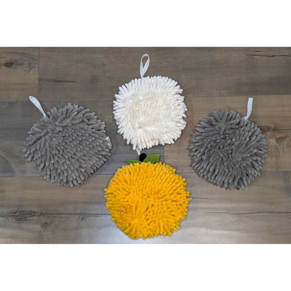 Set of 4 Chenille Microfiber Hanging Hand Towels|Lemon & Gray/White Round Towels